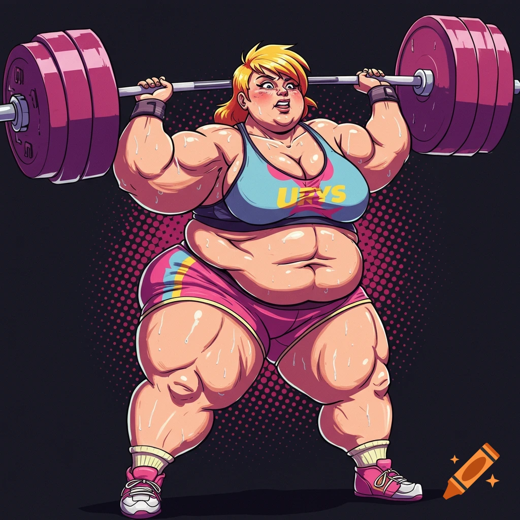 A muscular, overweight woman lifting a barbell over her head.