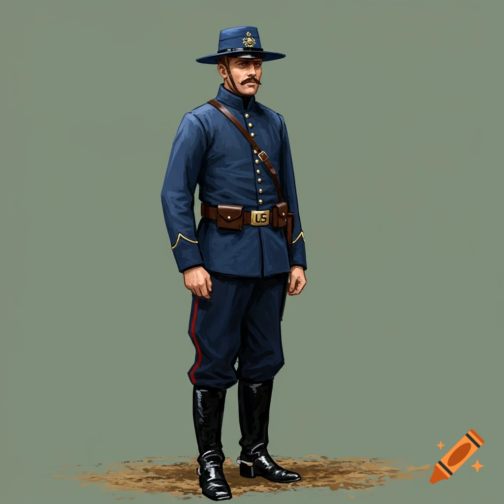 Image of an 1870s US cavalry soldier in blue uniform with a moustache and hat.