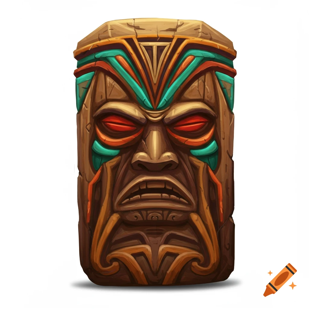 A stylized wooden tiki idol mask with red, orange, and teal accents.