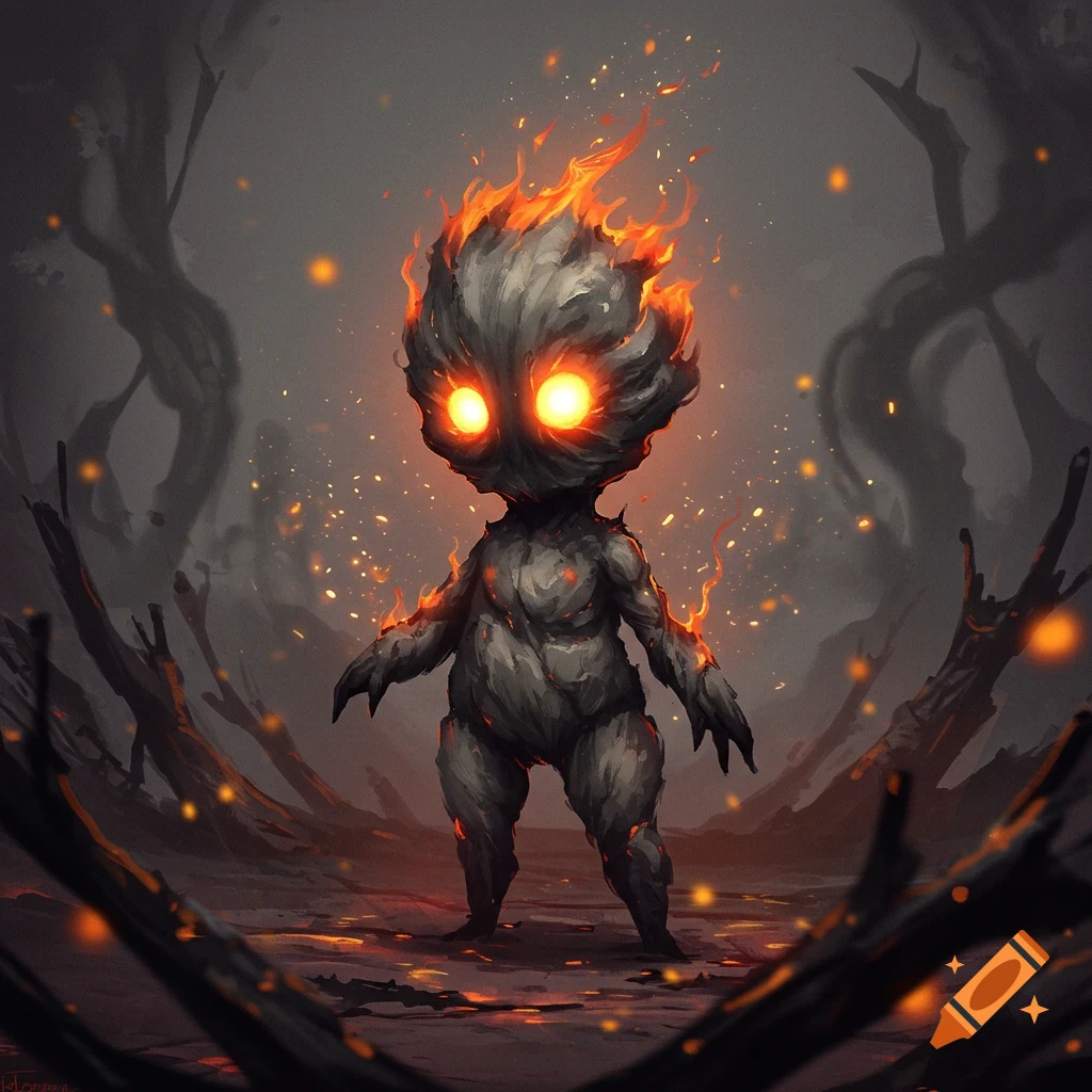 A small ash creature with glowing orange eyes and fire for hair stands in a dark, desolate landscape.
