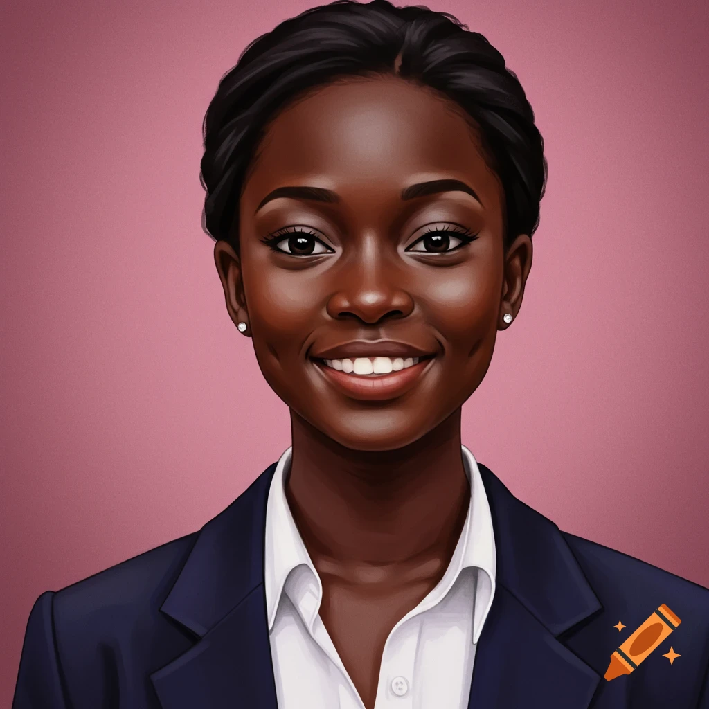 A smiling woman in a navy suit and white shirt.