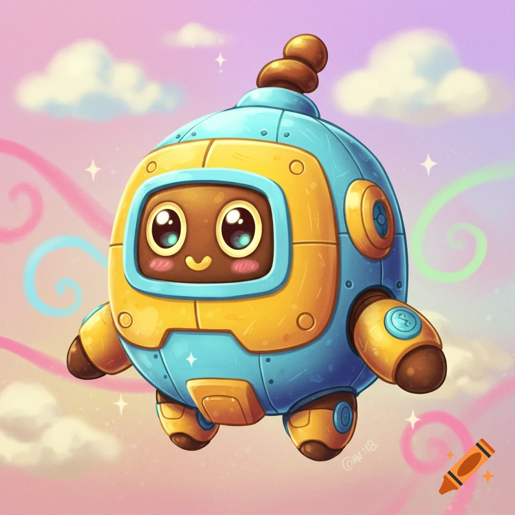 A cute blue and yellow robot with big eyes and rosy cheeks floats in a pink and purple sky. Digital art style.