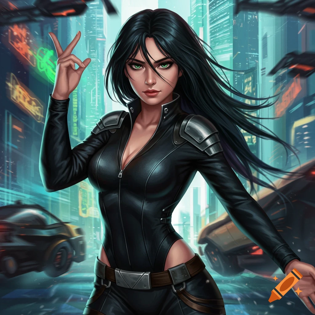 a woman in a leather suit in a cyberpunk city with flying cars.