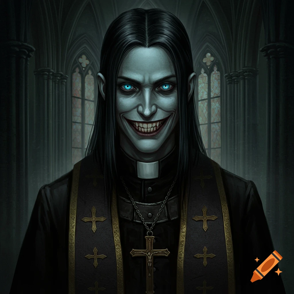 A creepy, grinning priest with pale skin, bright blue eyes, long black hair, and a cross necklace in a dimly lit church.