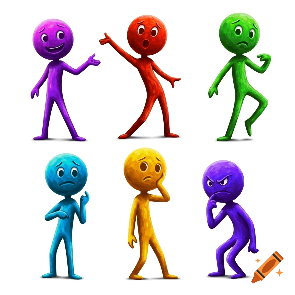 Six colorful cartoon figures in various poses expressing different emotions.