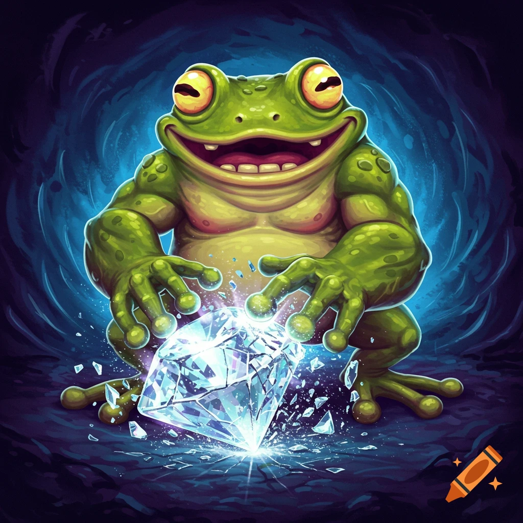 A smiling green frog crushing a large diamond.