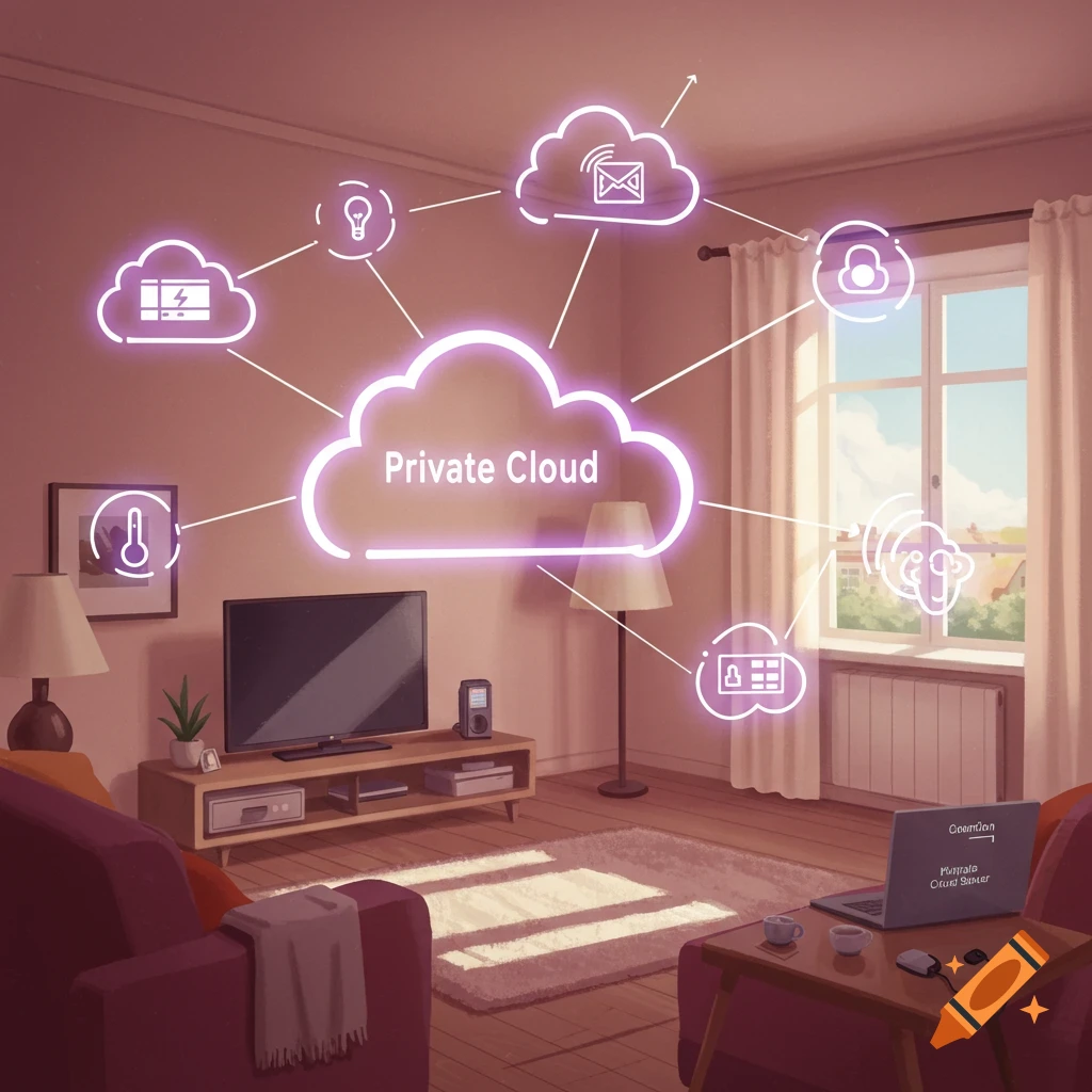 A private cloud network diagram is superimposed over a living room scene.