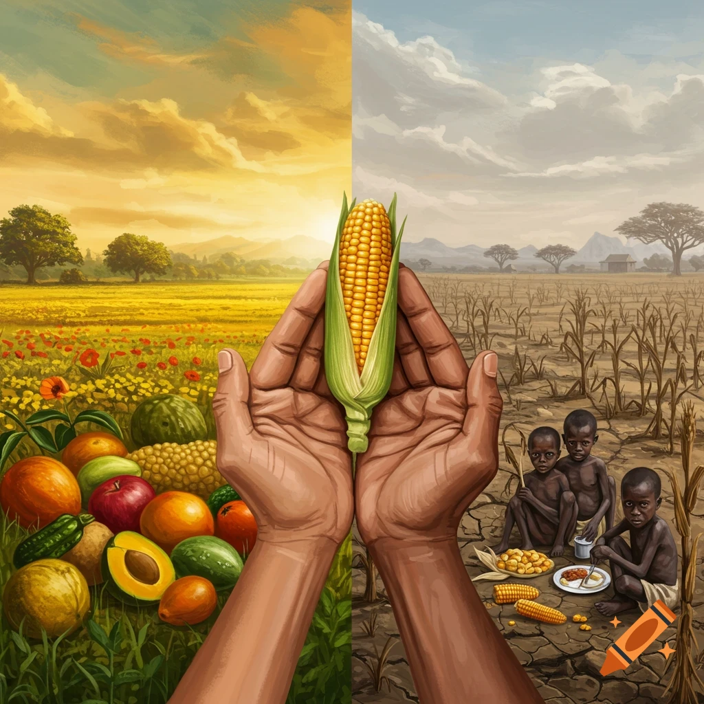 Hands holding corn, split scene of fertile field and dry ground with hungry children.