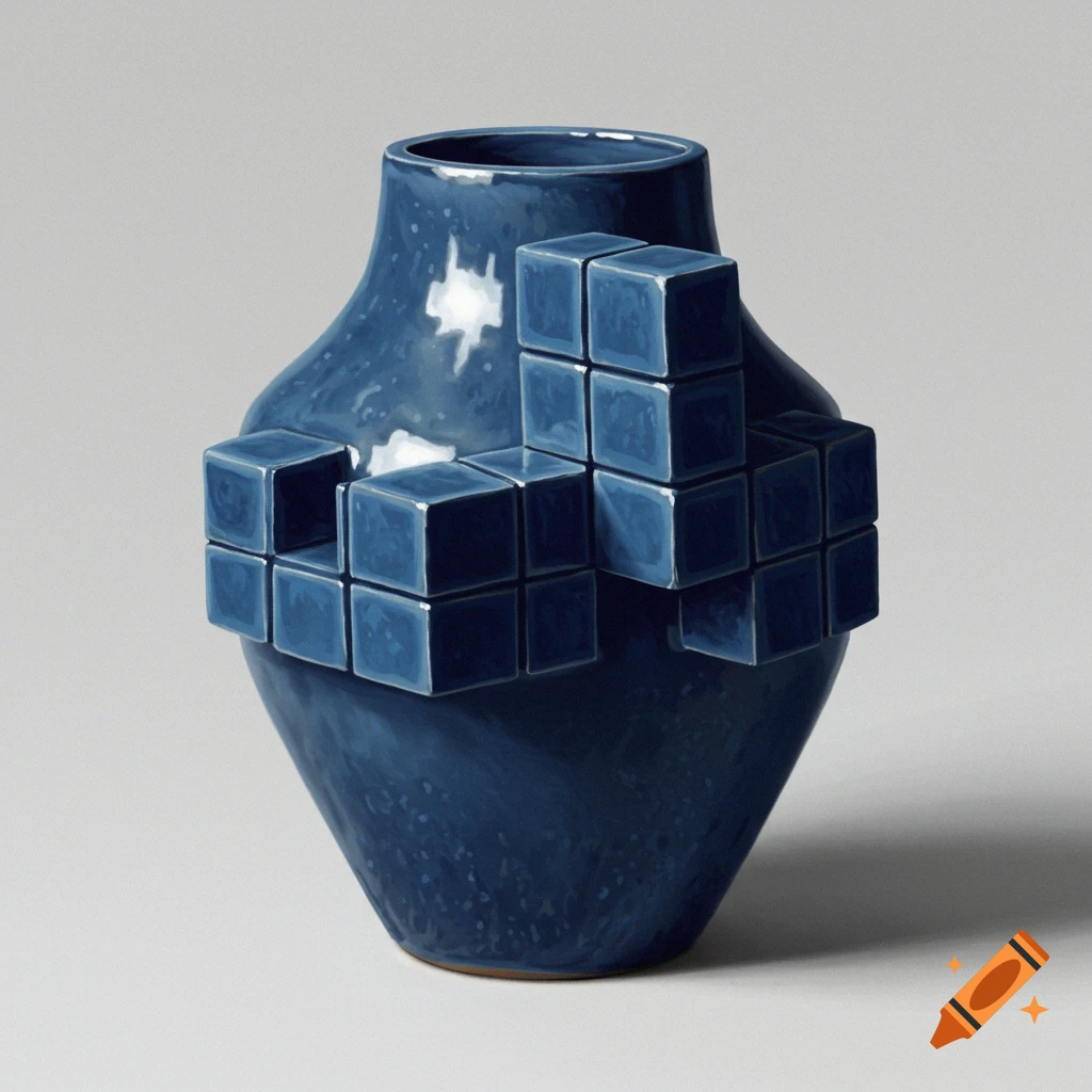 A blue ceramic vase with geometric blue shapes attached.
