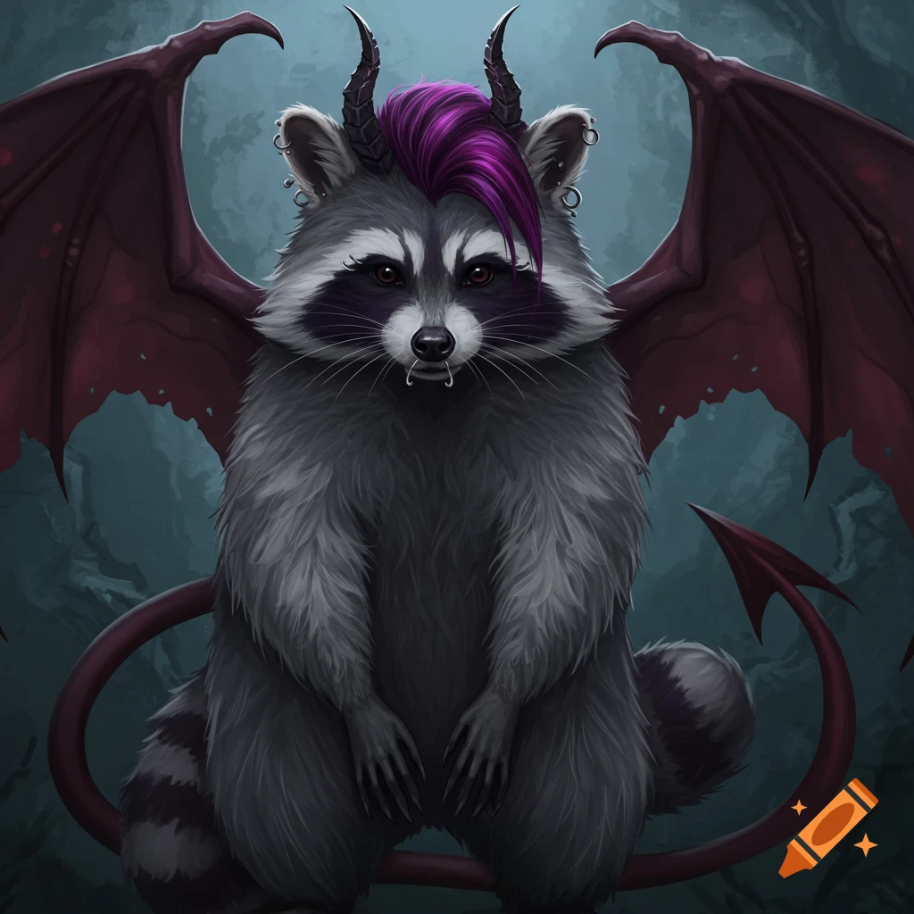 A raccoon with a purple mohawk, horns, piercings, bat wings, and a demon tail.