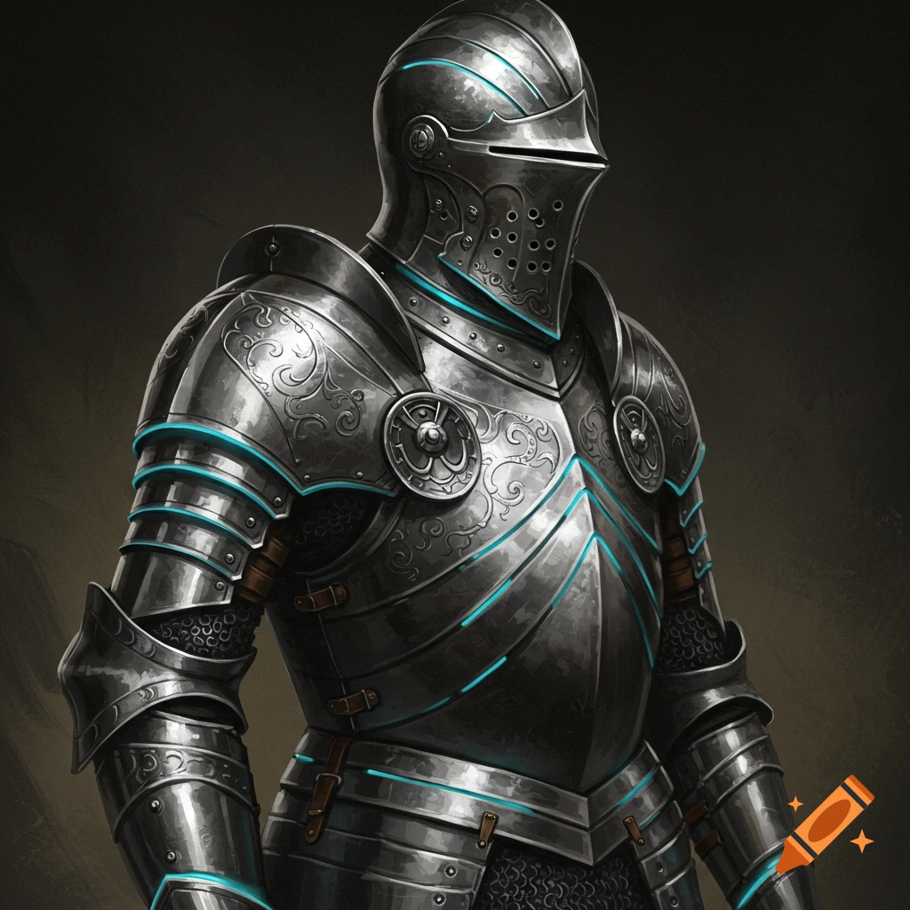Full plate armor with glowing blue trim.