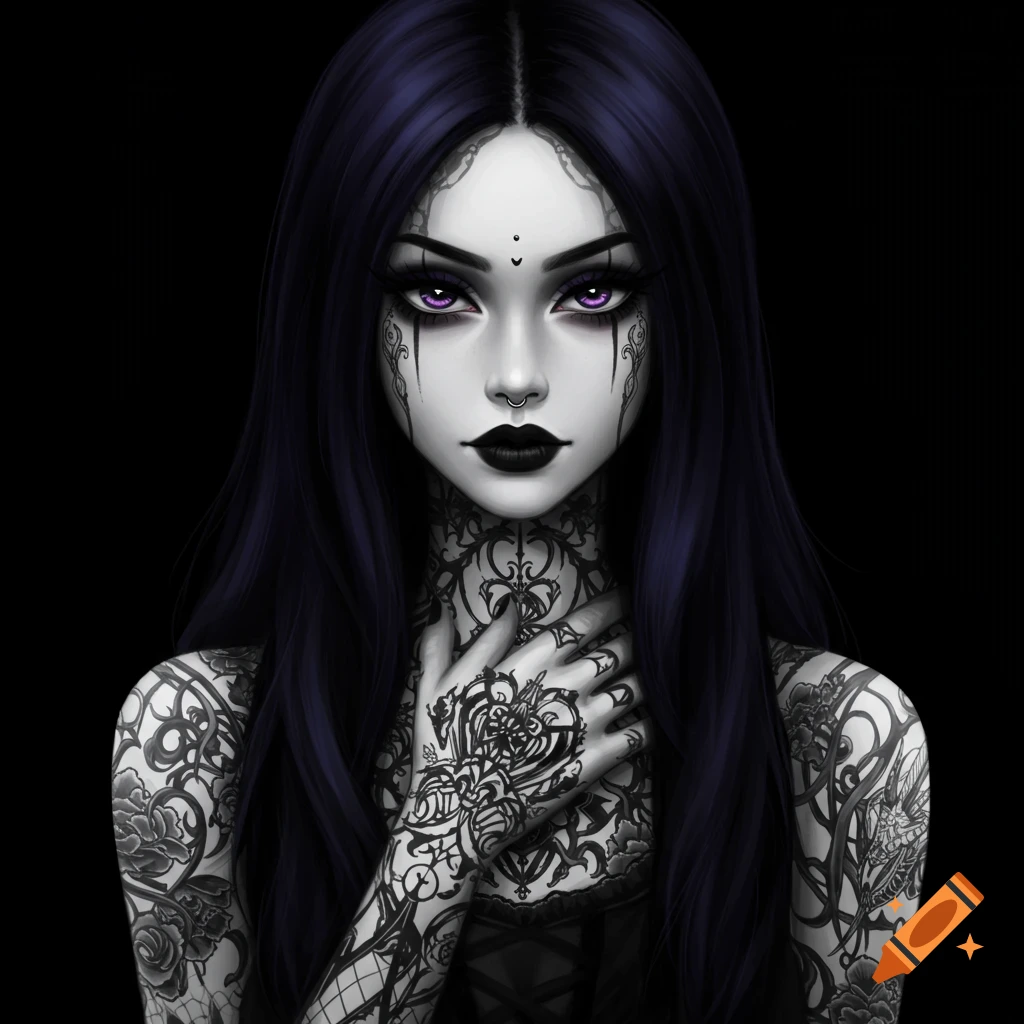 A gothic anime girl portrait with purple eyes, dark makeup, and extensive tattoos.