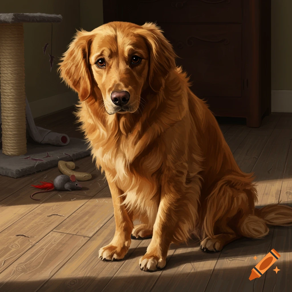 A sad Golden Retriever dog sits by cat toys on a wooden floor