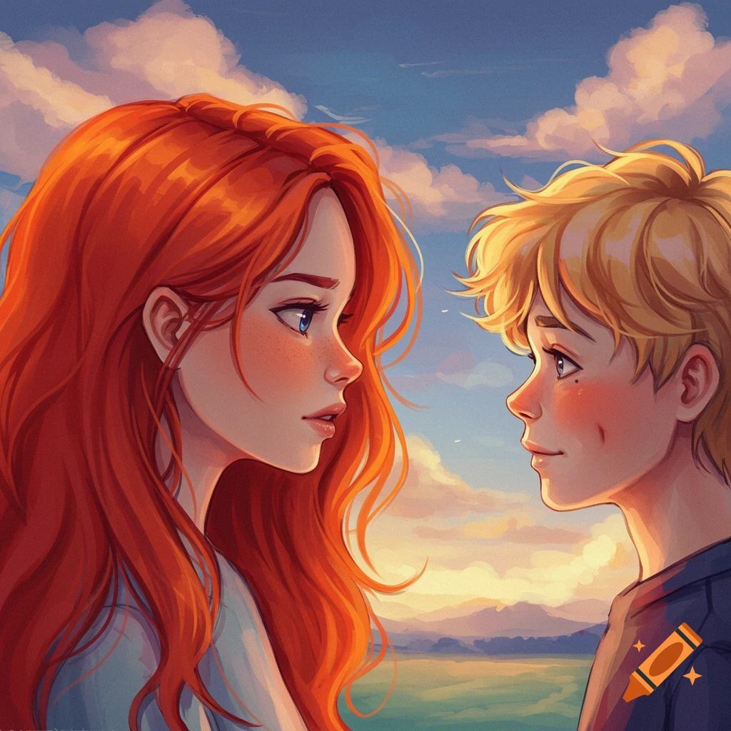 A red-haired girl and blonde boy look at each other under a cloudy sky.