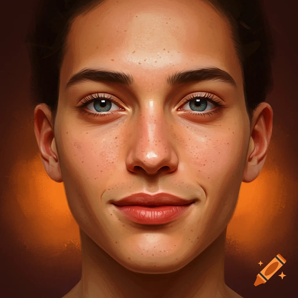 Close-up of a face with blue eyes, freckles, and a slight smile.