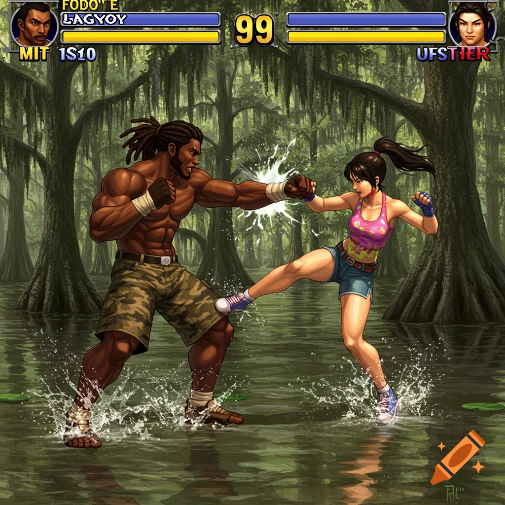 Two characters fight in a bayou swamp in a stylized fighting game scene.