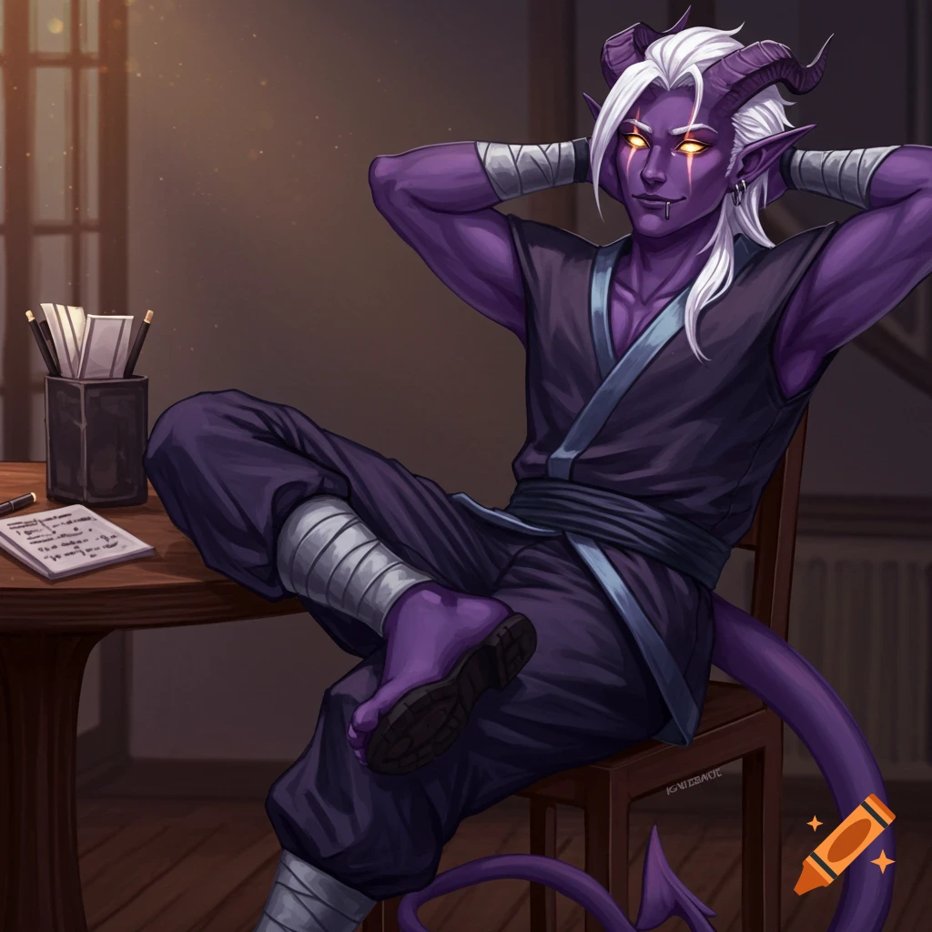 Purple-skinned tiefling ninja relaxing with legs on a table.