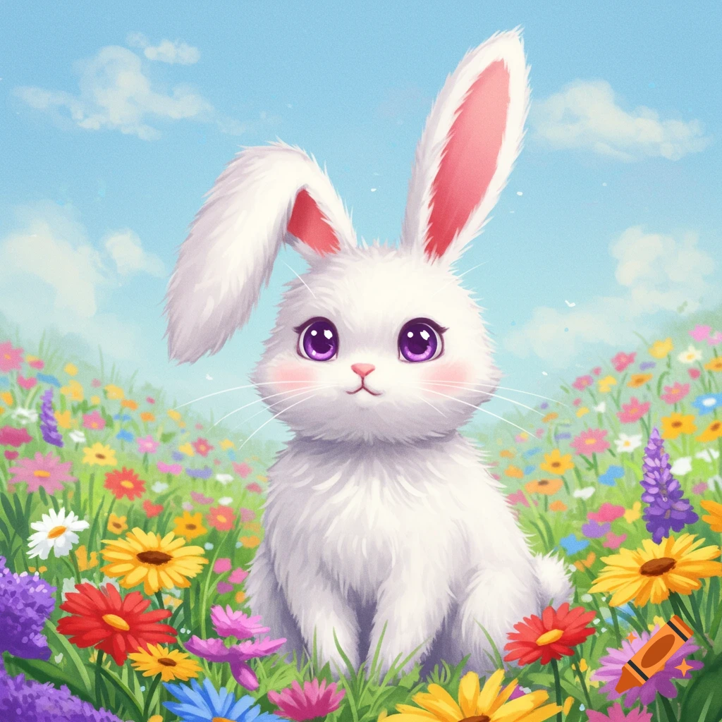 A fluffy white bunny with purple eyes is sitting in a field of colorful flowers.