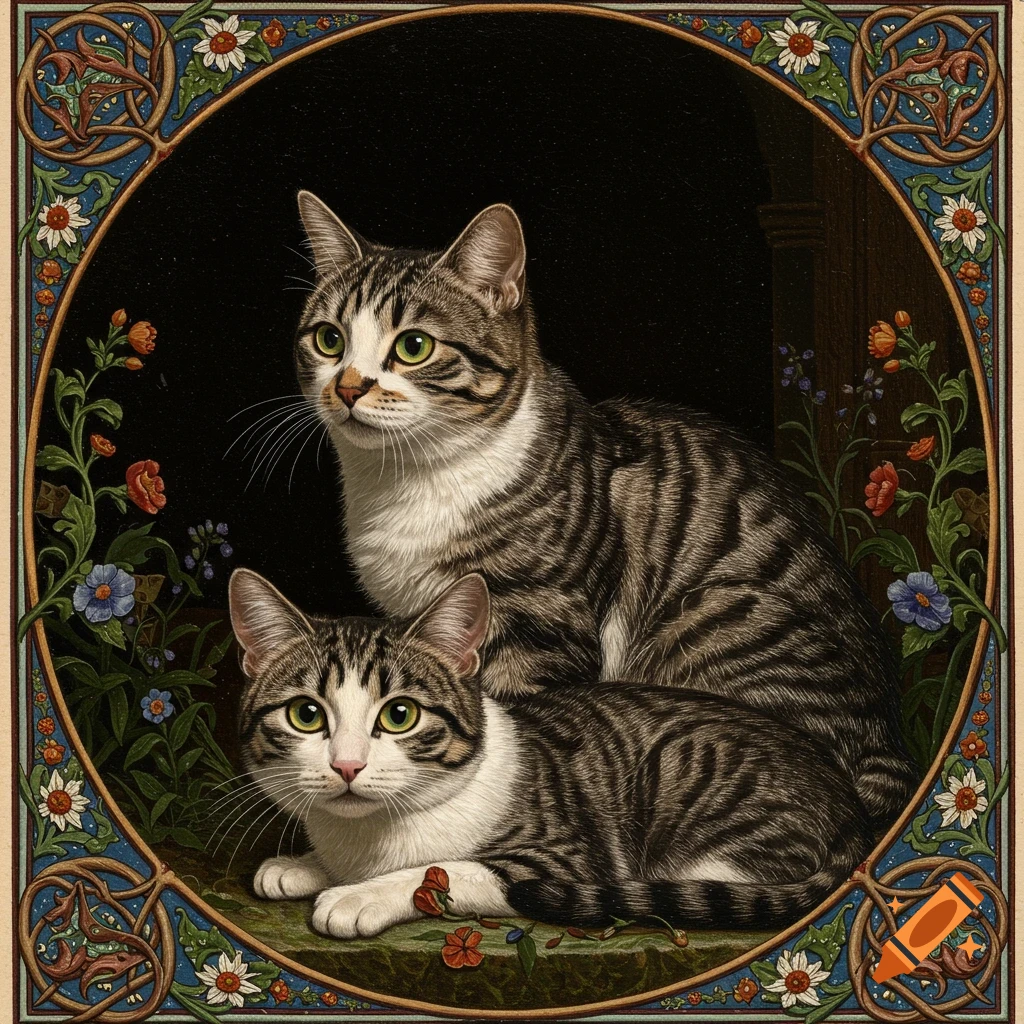 Two cats in a medieval illuminated manuscript style illustration with floral borders.