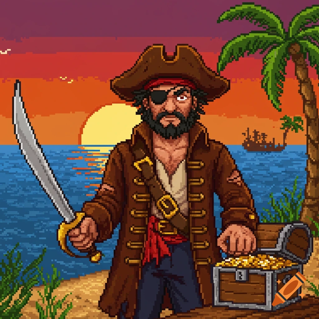 Pixel art of a pirate with a sword and treasure chest on a beach at sunset.
