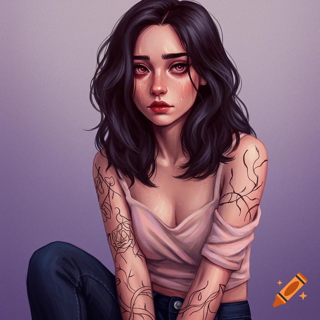 A sad girl with tears and tattoos on her arms.