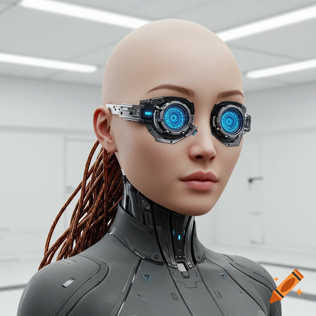 Portrait of a bald Asian cyborg woman with futuristic eye implants and wire hair.
