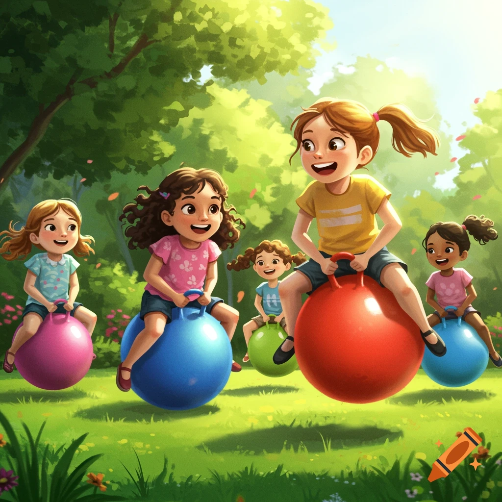 Children bouncing on colorful hopper balls in a sunny park.