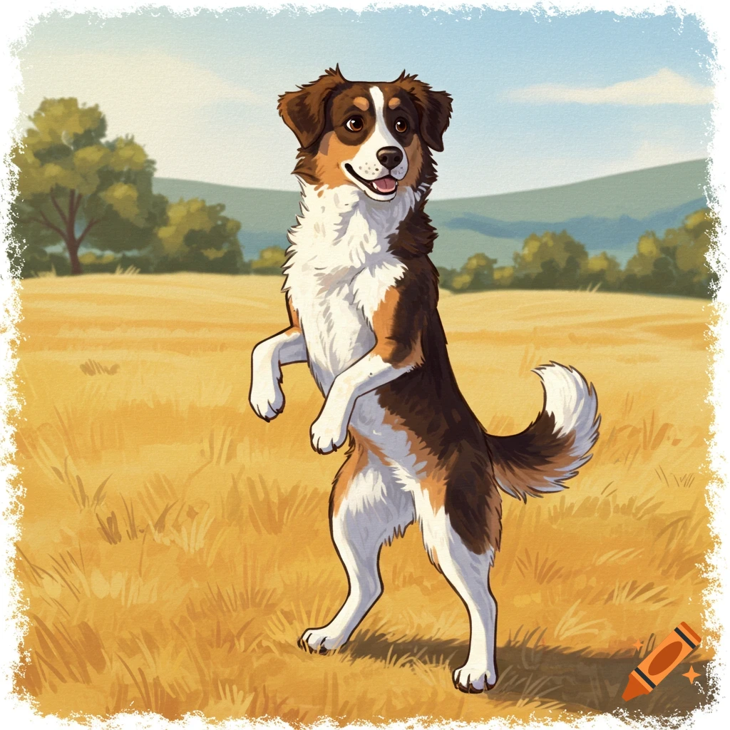 A brown and white dog stands on its hind legs in a field.