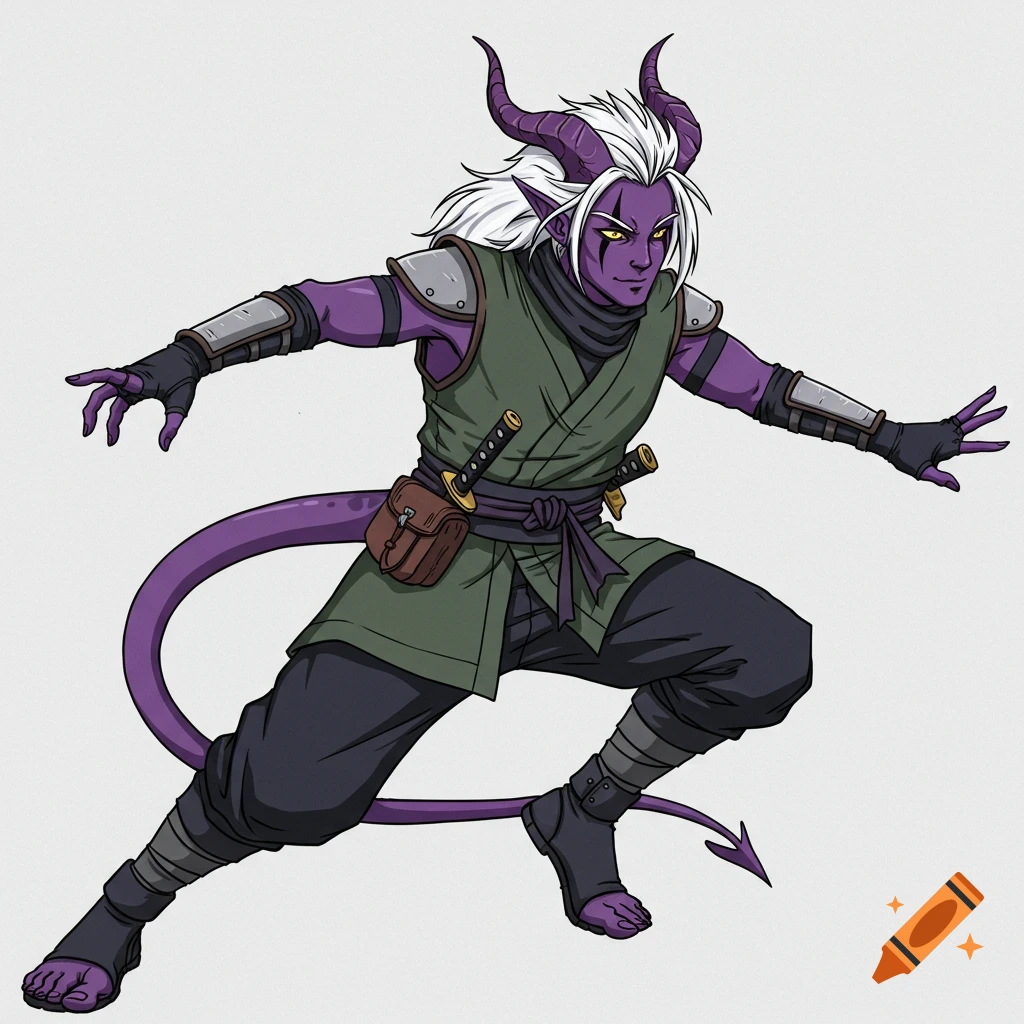 Male tiefling ninja in retro anime style with purple skin and yellow ...