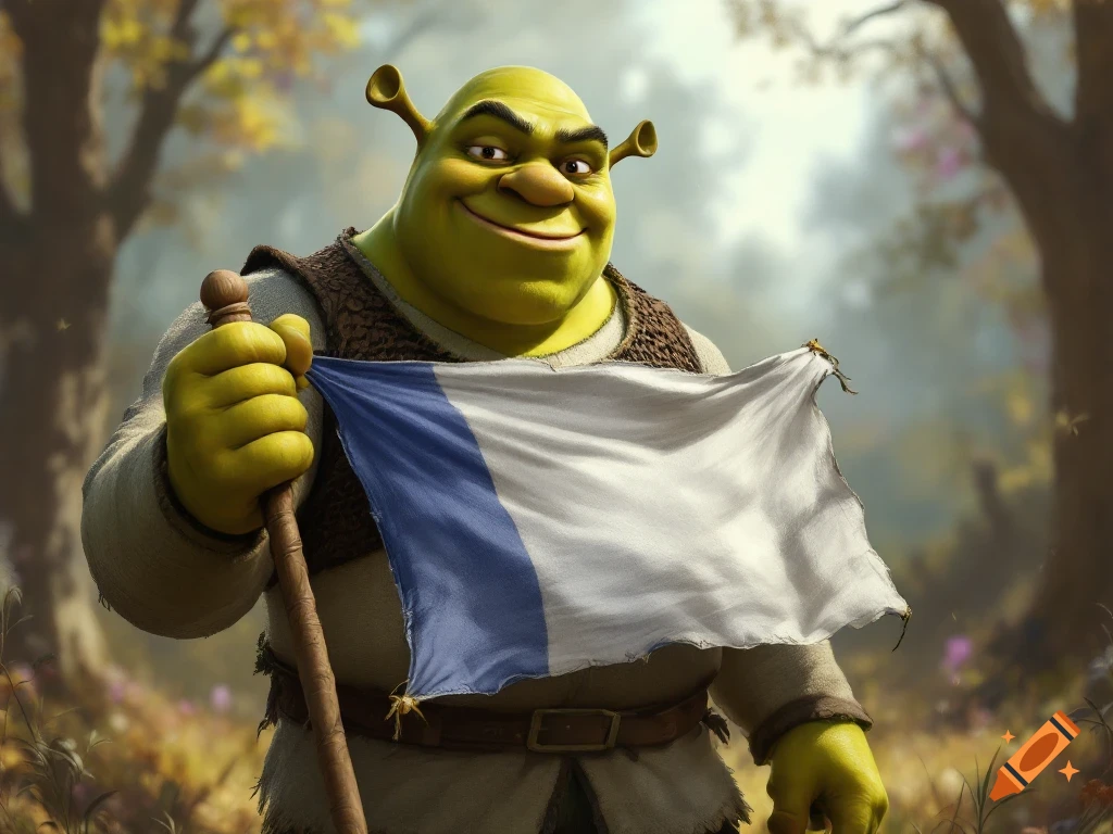 Shrek holds a blue and white flag in a forest clearing.