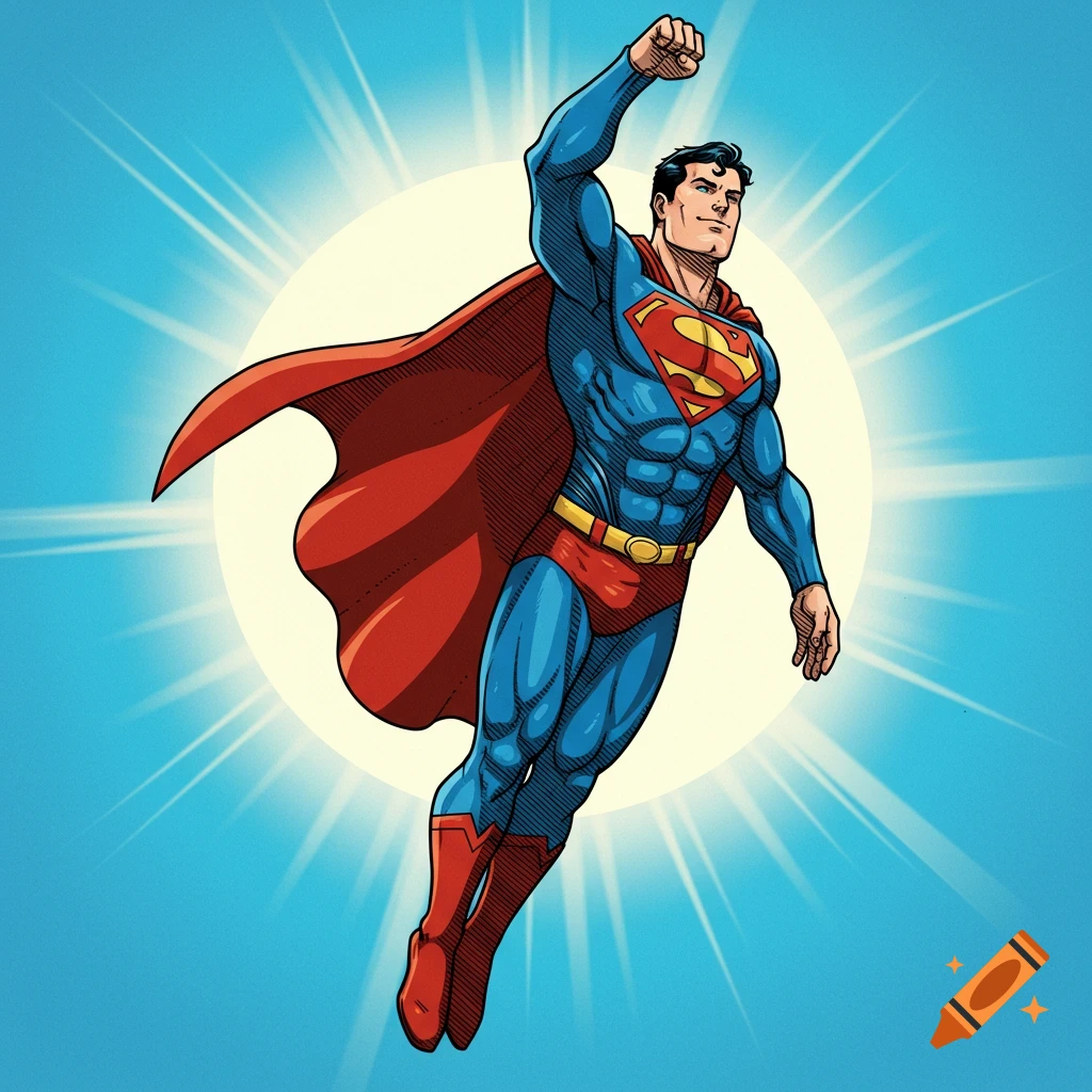 Superman flying upwards against a sunburst background.