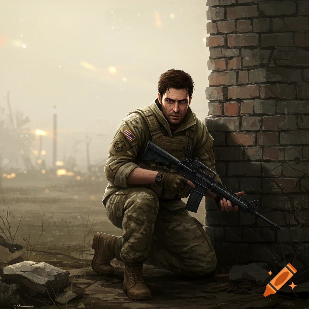 A soldier in camouflage is crouching with a rifle in a ruined city.