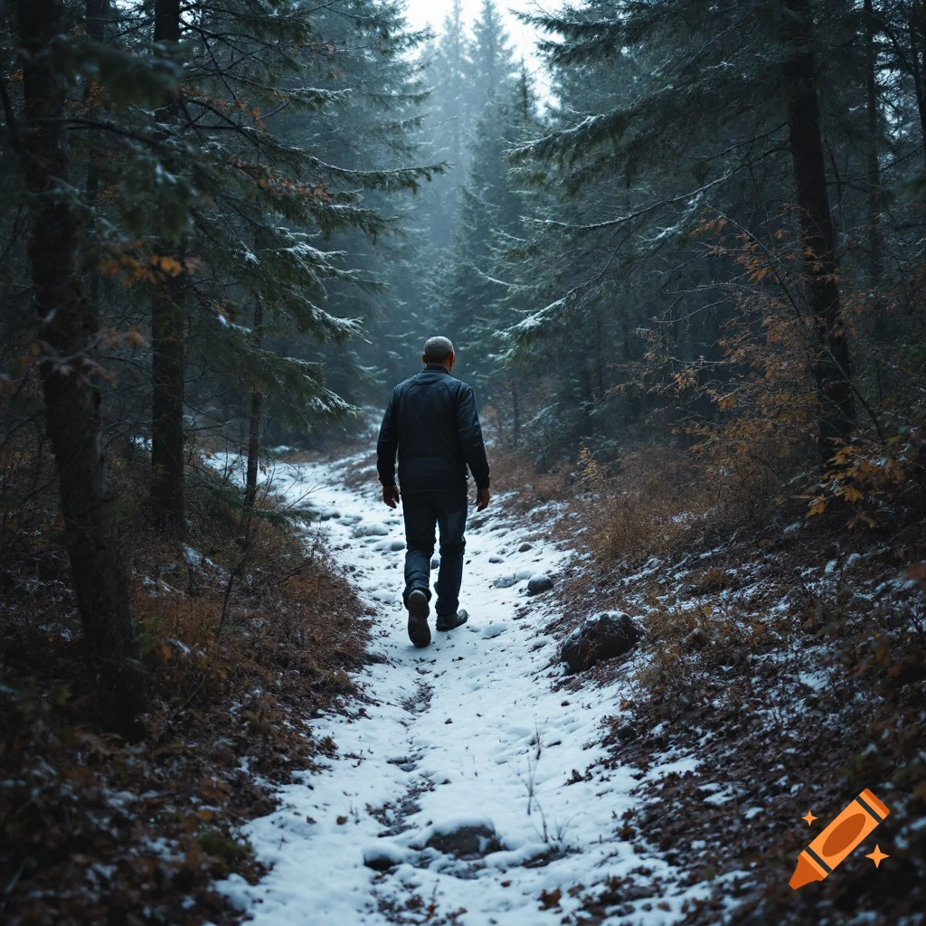 A man walks on a snowy trail through a dark forest.