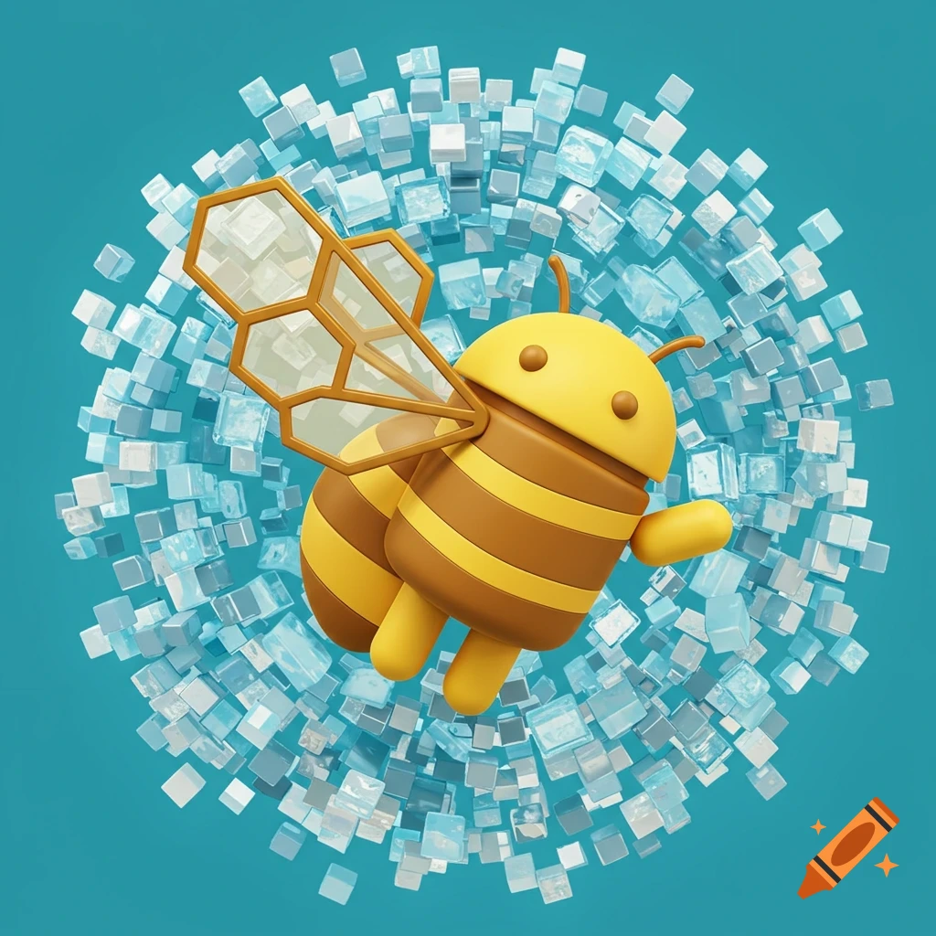 A 3D render of an Android character styled as a bee, flying among blue and white cubes.