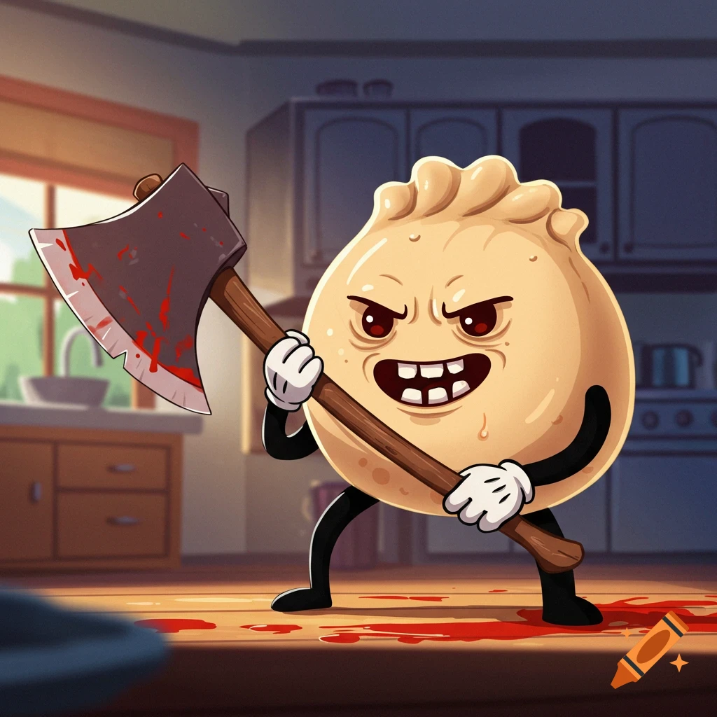 Cartoon dumpling character with an axe stands in a kitchen in rubber hose animation style