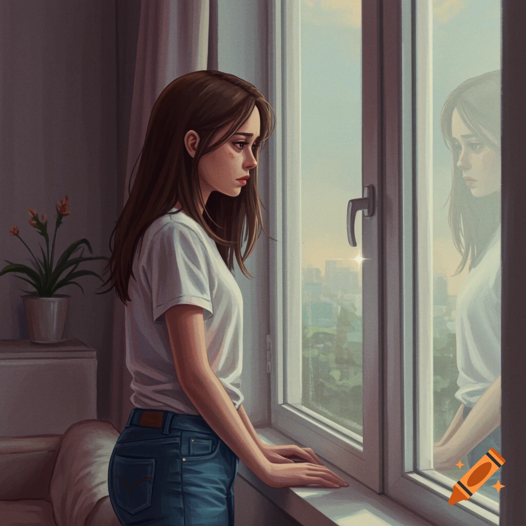 Melancholy image of a young woman with brown hair looking out a window at her reflection.
