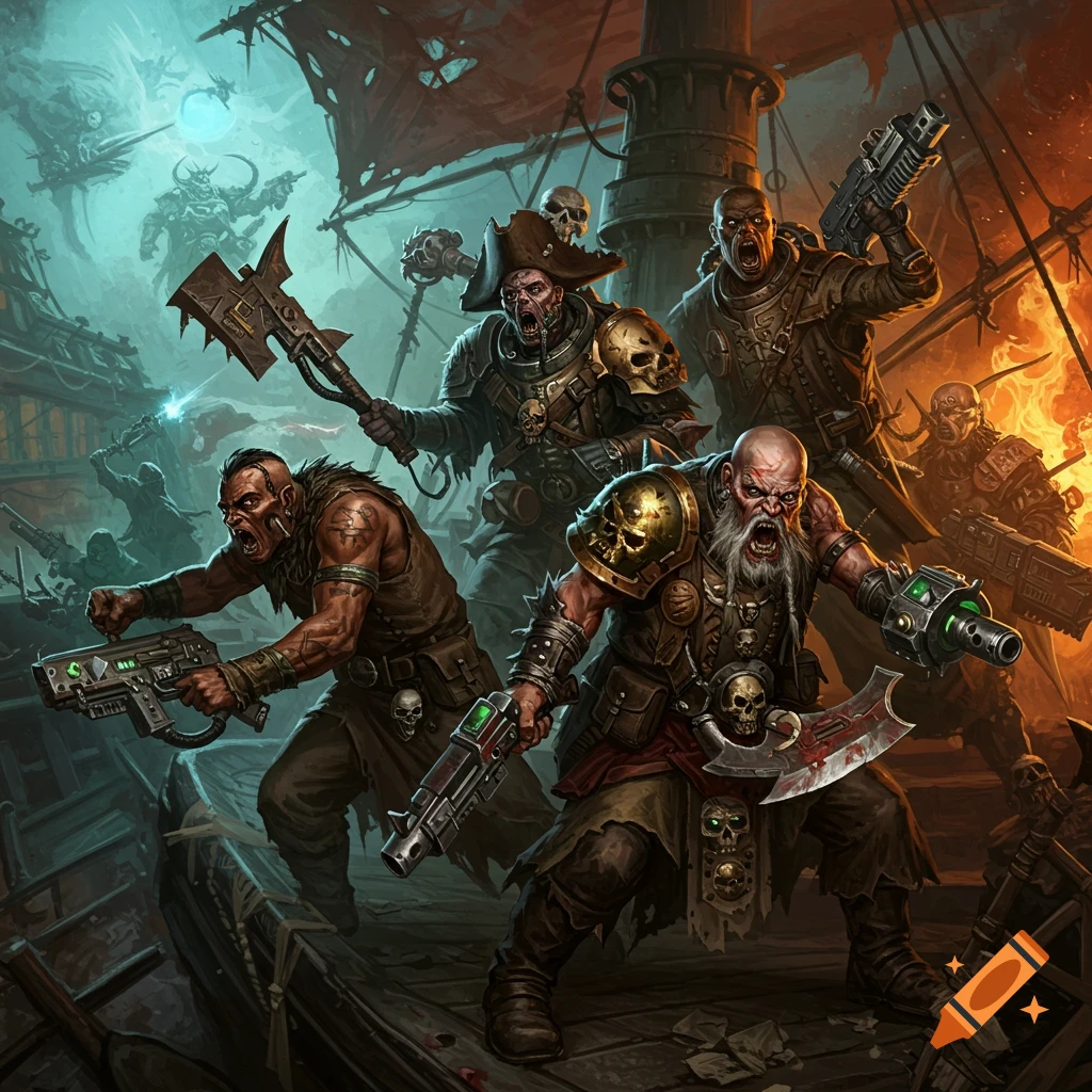 Heavily armed, grotesque pirates fighting on a ship deck.