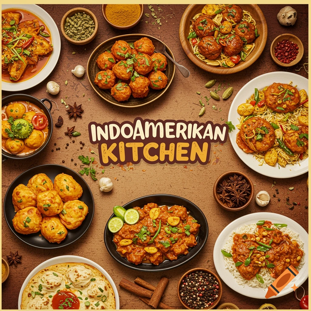 Overhead view of various Indian and American dishes and spices with 'INDOAMERIKAN KITCHEN' text.