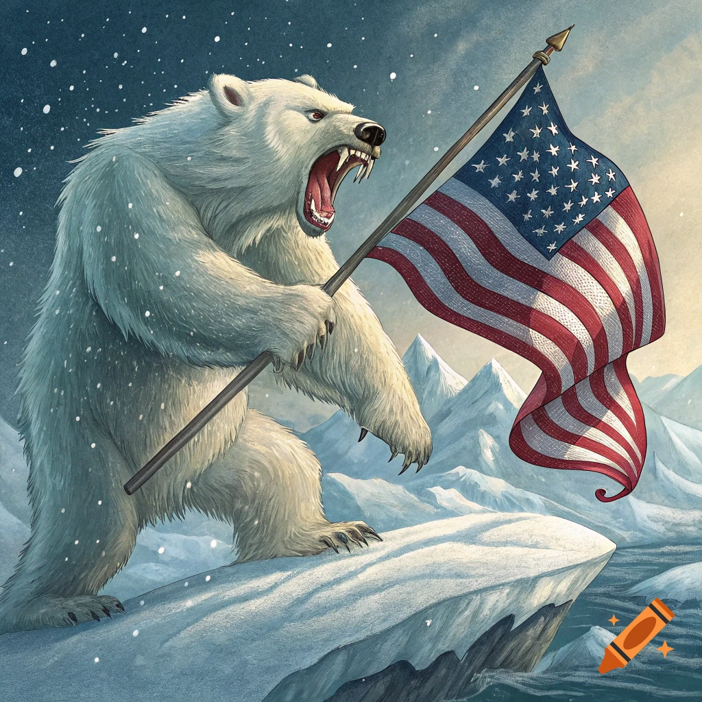 Illustration of a roaring polar bear standing on an ice floe holding an American flag.