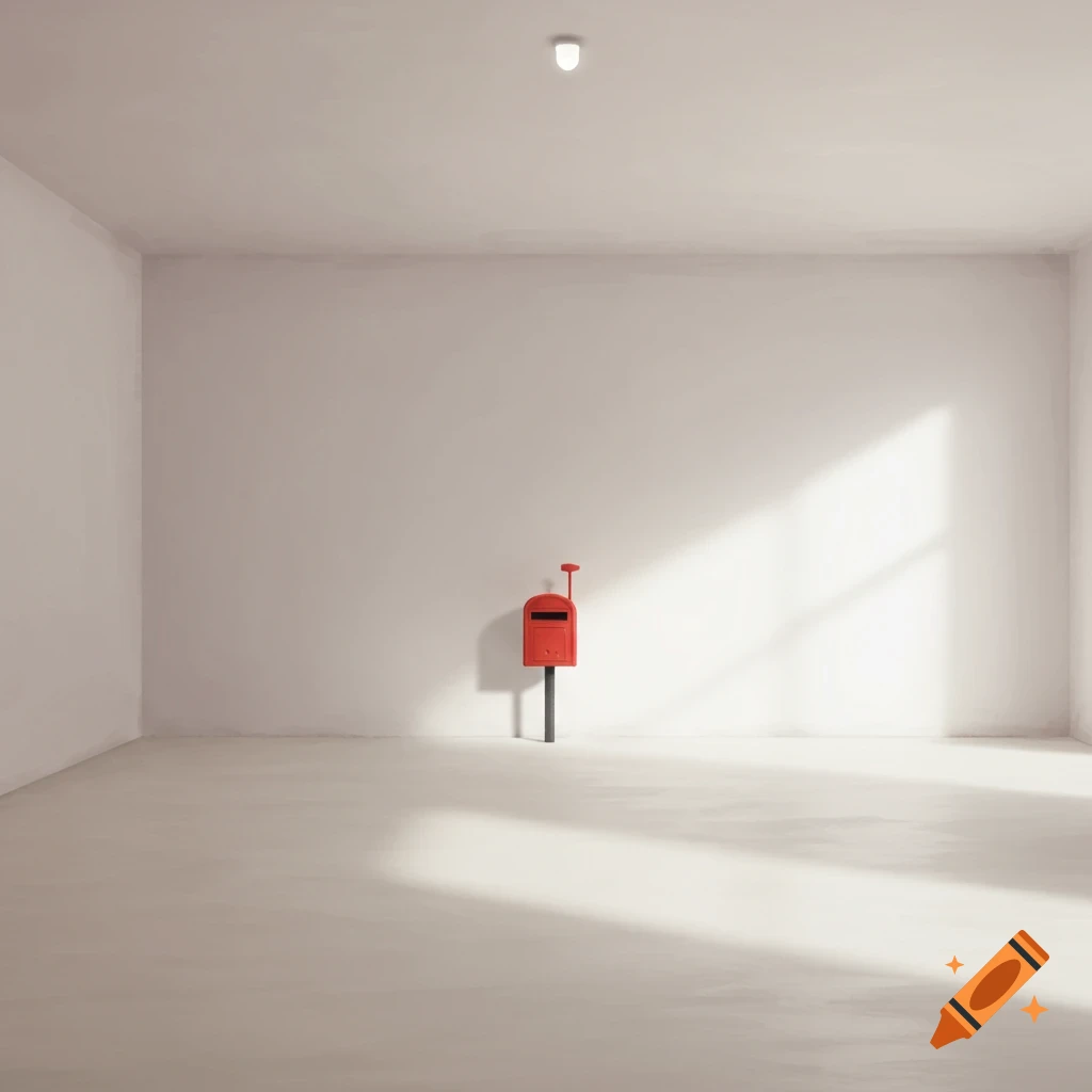 A red mailbox sits in a large, empty room with light shining on the floor.