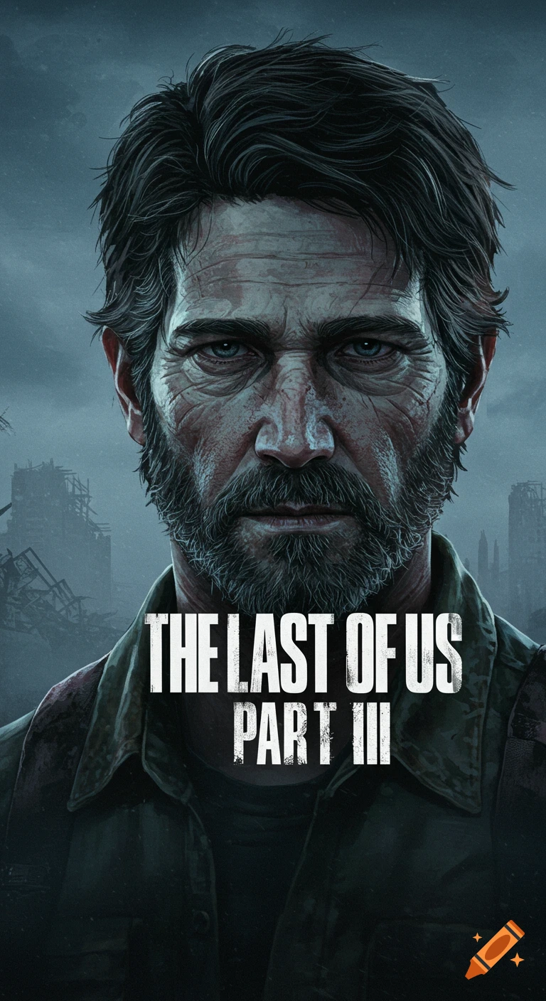 Portrait of a man with text 'THE LAST OF US PART III' overlayed, in the style of a video game cover.