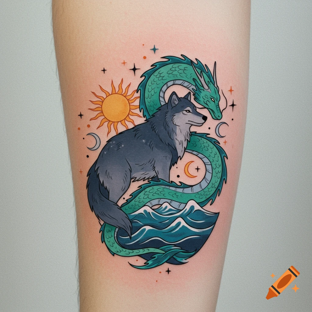 Wolf and dragon tattoo design with sun, moon, stars, and ocean elements ...