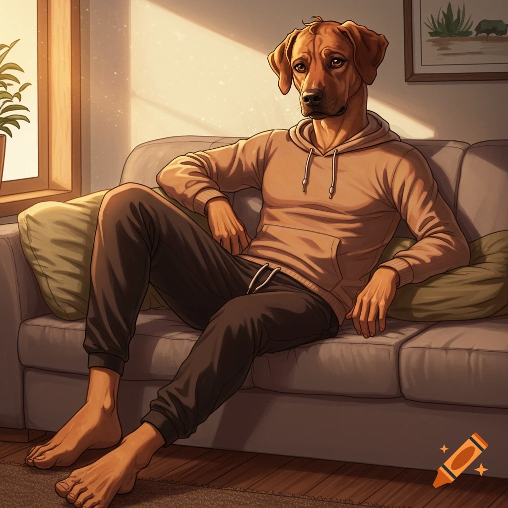A humanized Rhodesian Ridgeback dog in a hoodie lounges on a couch in a sunlit living room.