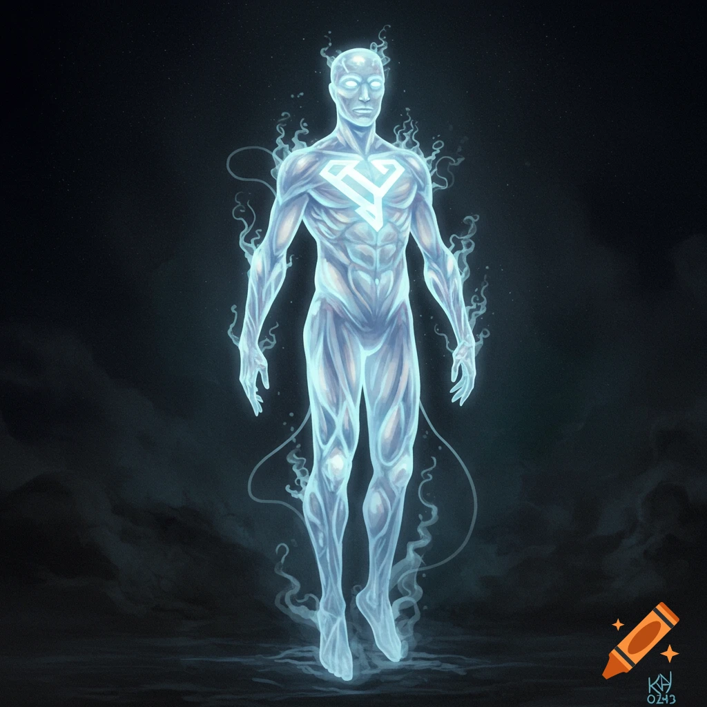 A glowing translucent energy figure with a symbol on its chest floats in a starry void, digital art.