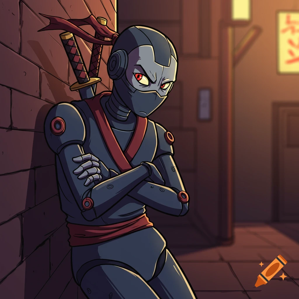 Cartoon robot ninja with crossed arms leans against a brick wall in a dark alley.