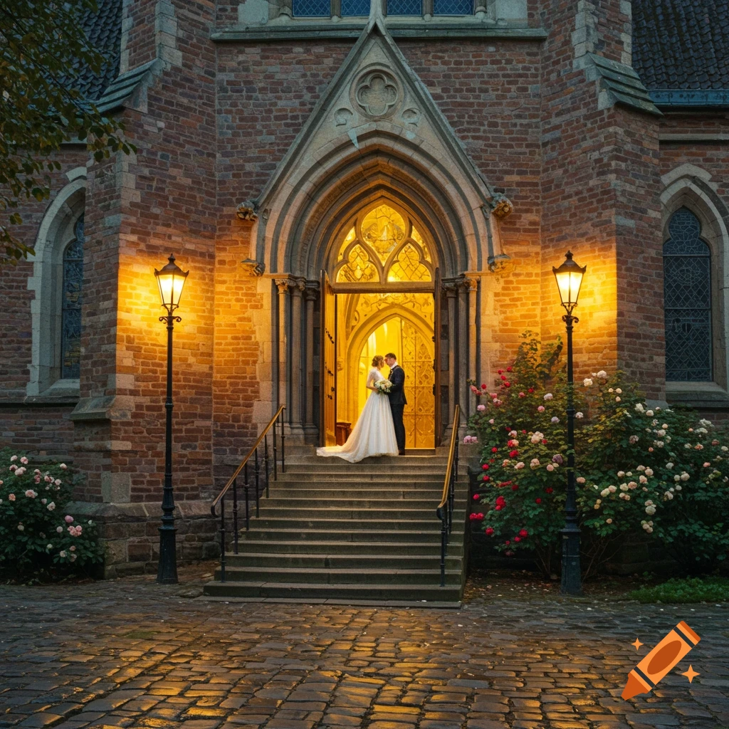 Bridal couple standing on steps of church entrance lit by lanterns at dusk