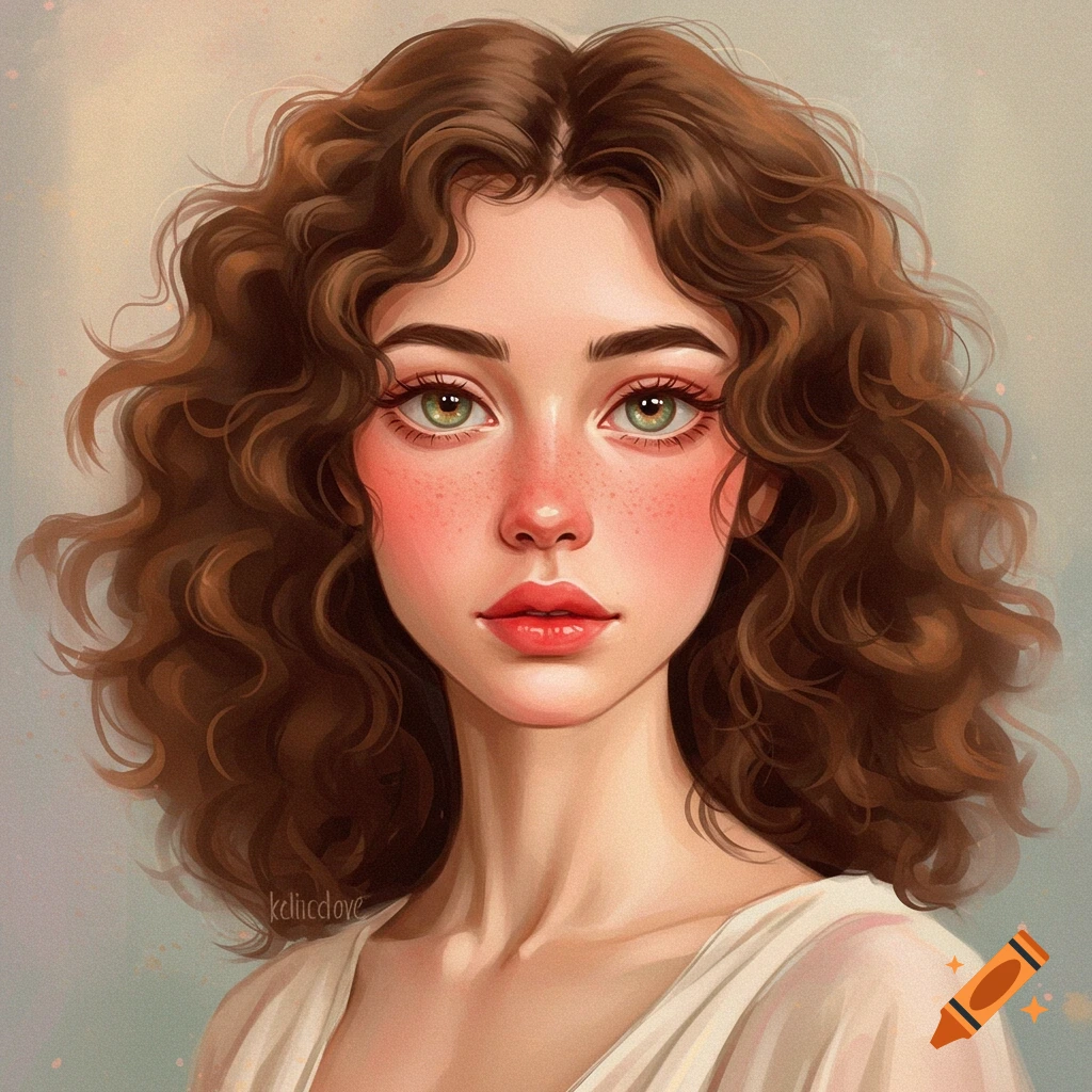 A portrait of a young woman with curly brown hair and freckles.