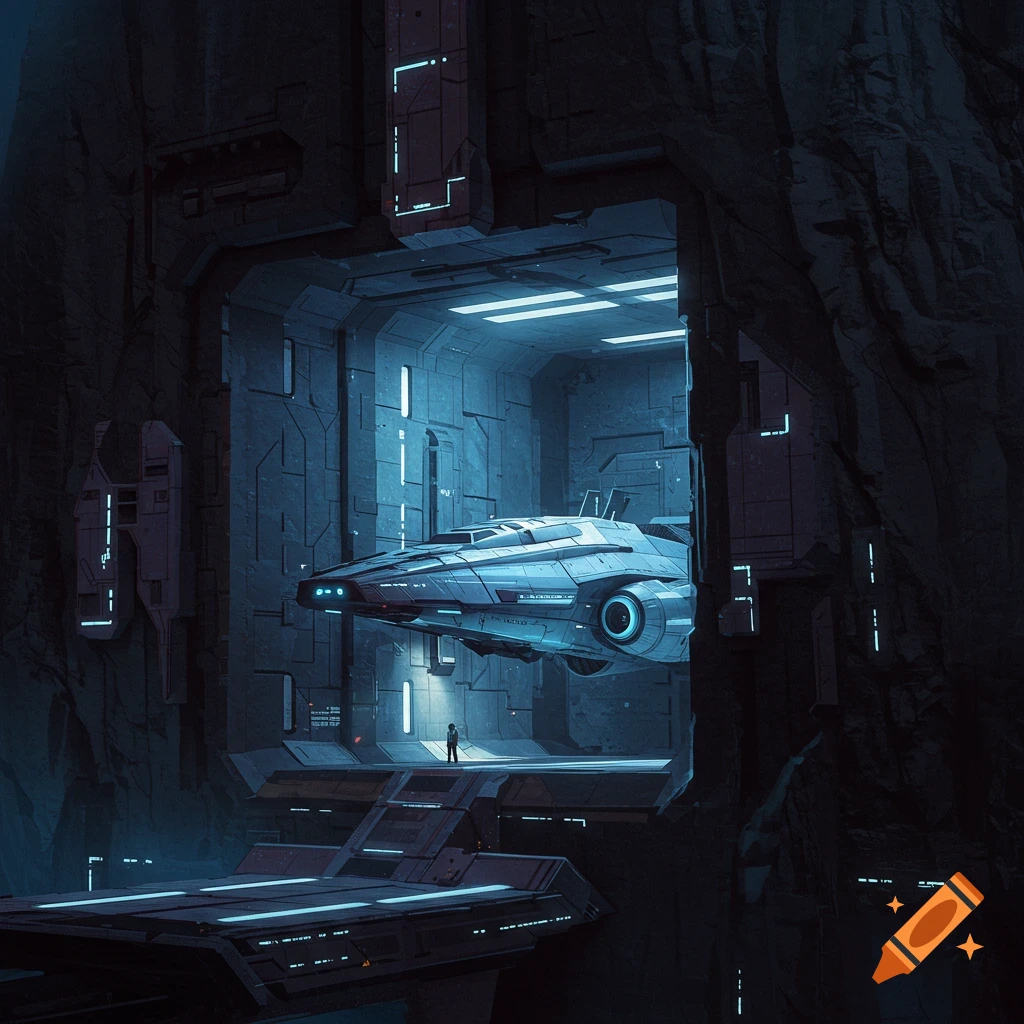 A futuristic spaceship docked inside a cliffside bay.