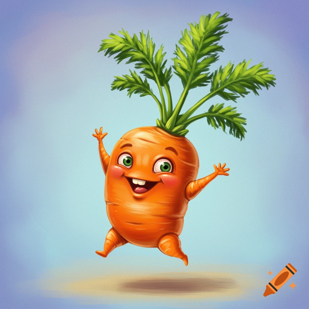 A happy cartoon carrot character with green leaves jumping.