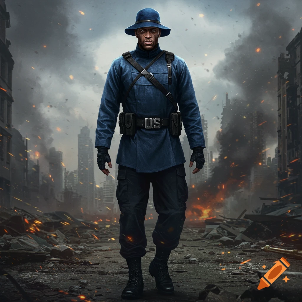A soldier stands in the ruins of a destroyed city
